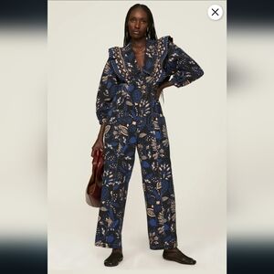 Farm Rio Macaw Forest blue tan jumpsuit L stunning!!